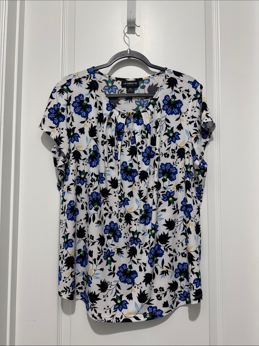 Liz Claiborne Career White Floral Short Sleeve Blouse XXL